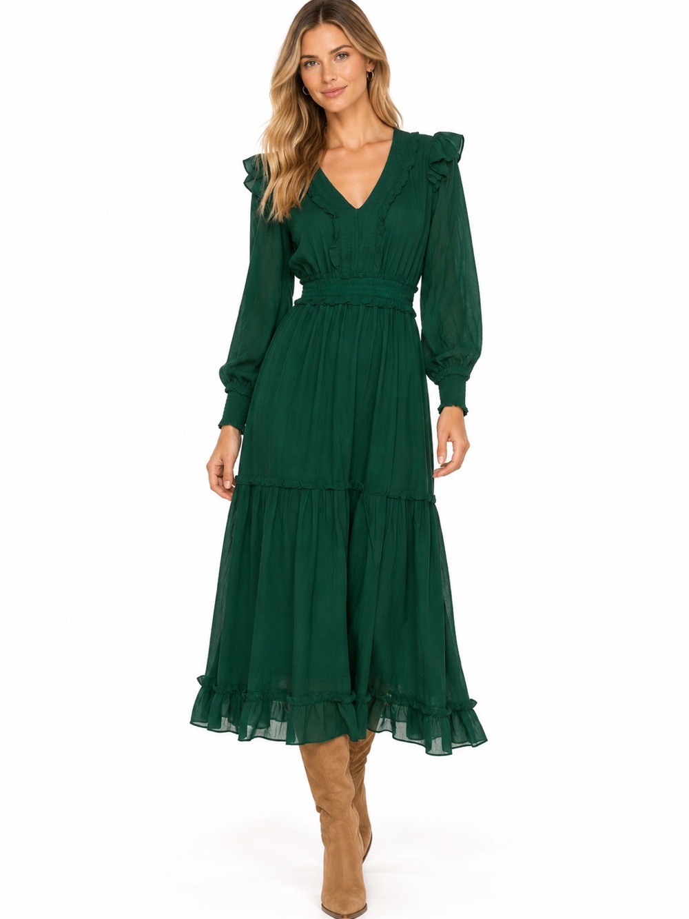 NWT Anna Cate Long Sleeve Ruffle Trim Midi Dress Green Size S